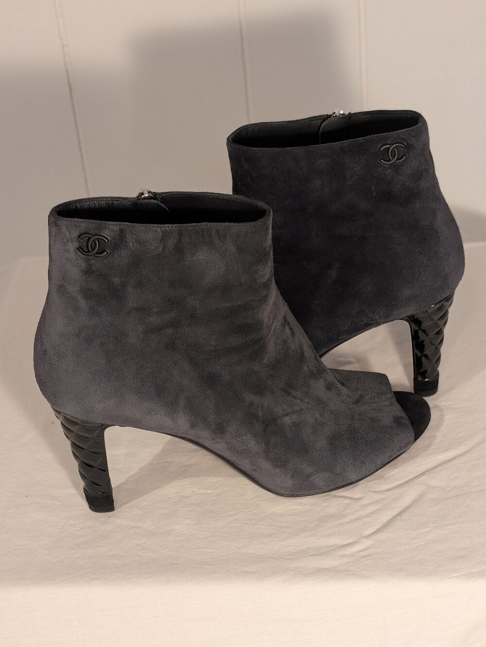 CHANEL Gray Suede Peep-Toe Ankle Booties with Quilted Black Heels